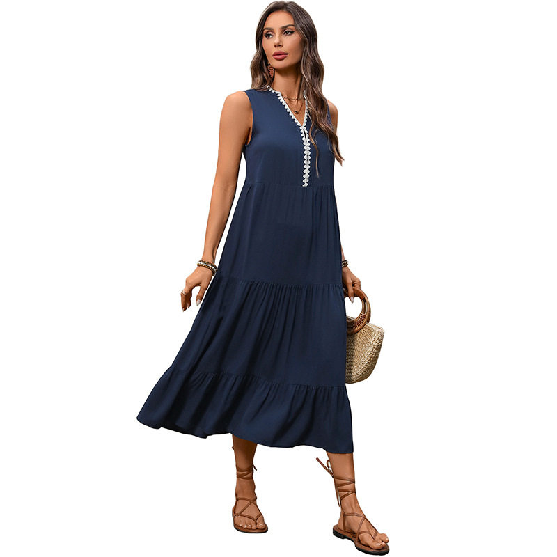 Summer Vacation Long Dress Sleeveless Color Block V Neck Lace Trim Perfect for Beach or Resort Wear Wholesale