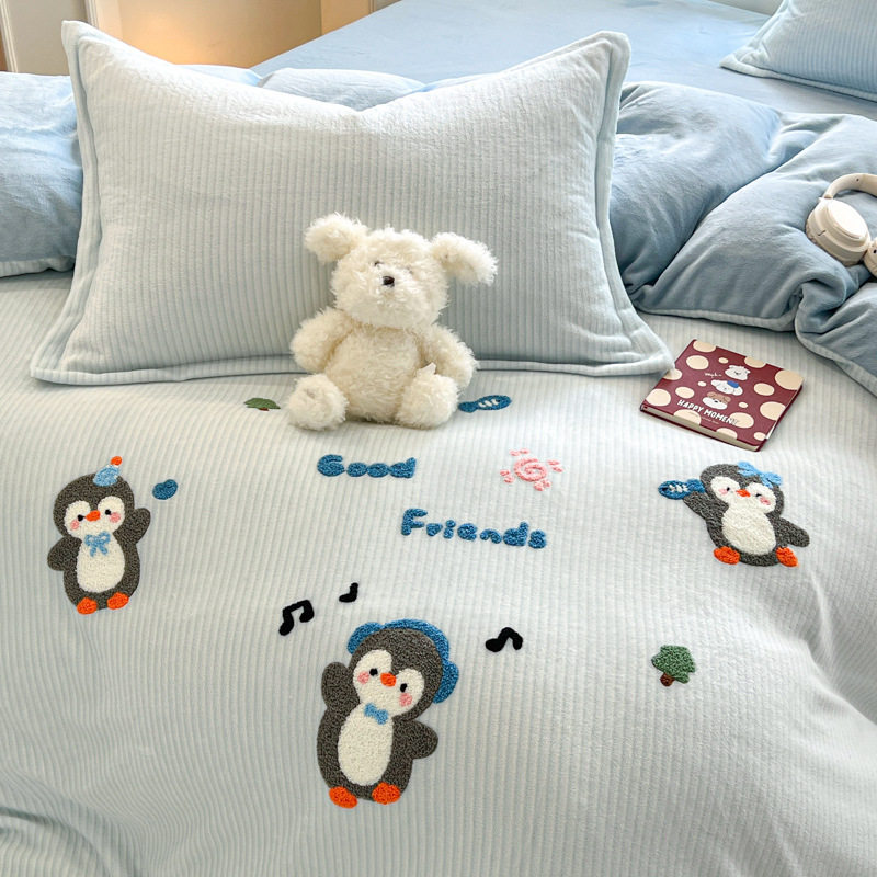 Ins Cute Kidsren's Milk Velvet Four-Piece Winter Thickeneded Warm Coral Velvet Quilt Cover Bed Sheetss Dormitory Three-Piece Set