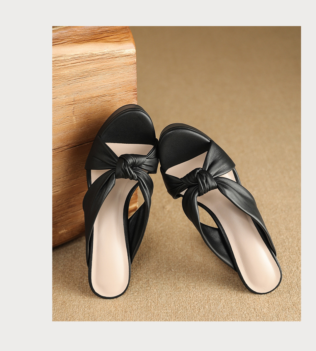 Sandal nữ quai ngang gót thô đế xuồng, mũi tròn da cừu, đi ngoài trời — Đen 10cm, Đen 8cm, Màu hồng 10cm, Màu hồng 8cm
