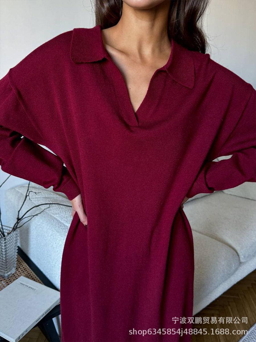 Long Sweater Dress Soft Fabric Scissor Collar Loose Fit Elegant Style Autumn Winter Fashion Wholesale Available