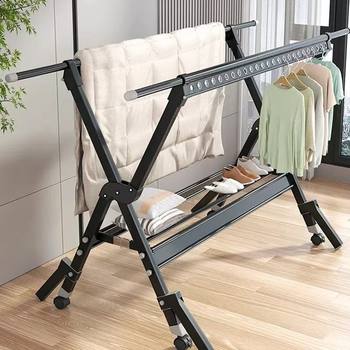 Floor-Standing Folding Clothes Drying Rack for Balcony, Simple Household Bedroom Clothes Rack, Folding Clothes Hanger