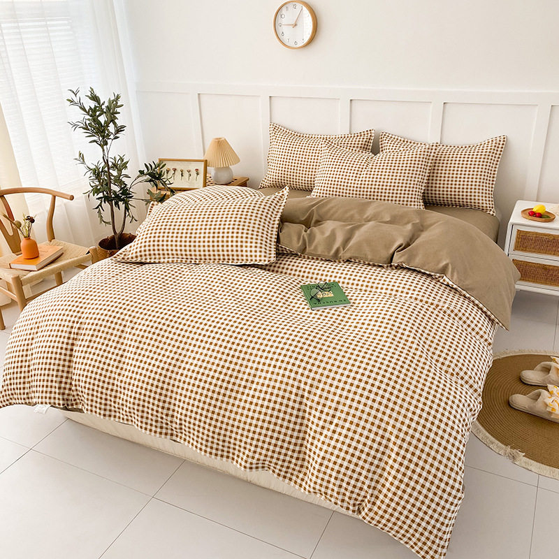 Small fresh sanding quilt cover four-piece water-washed cotton bed sheet quilt cover simple student dormitory single three-piece wholesale