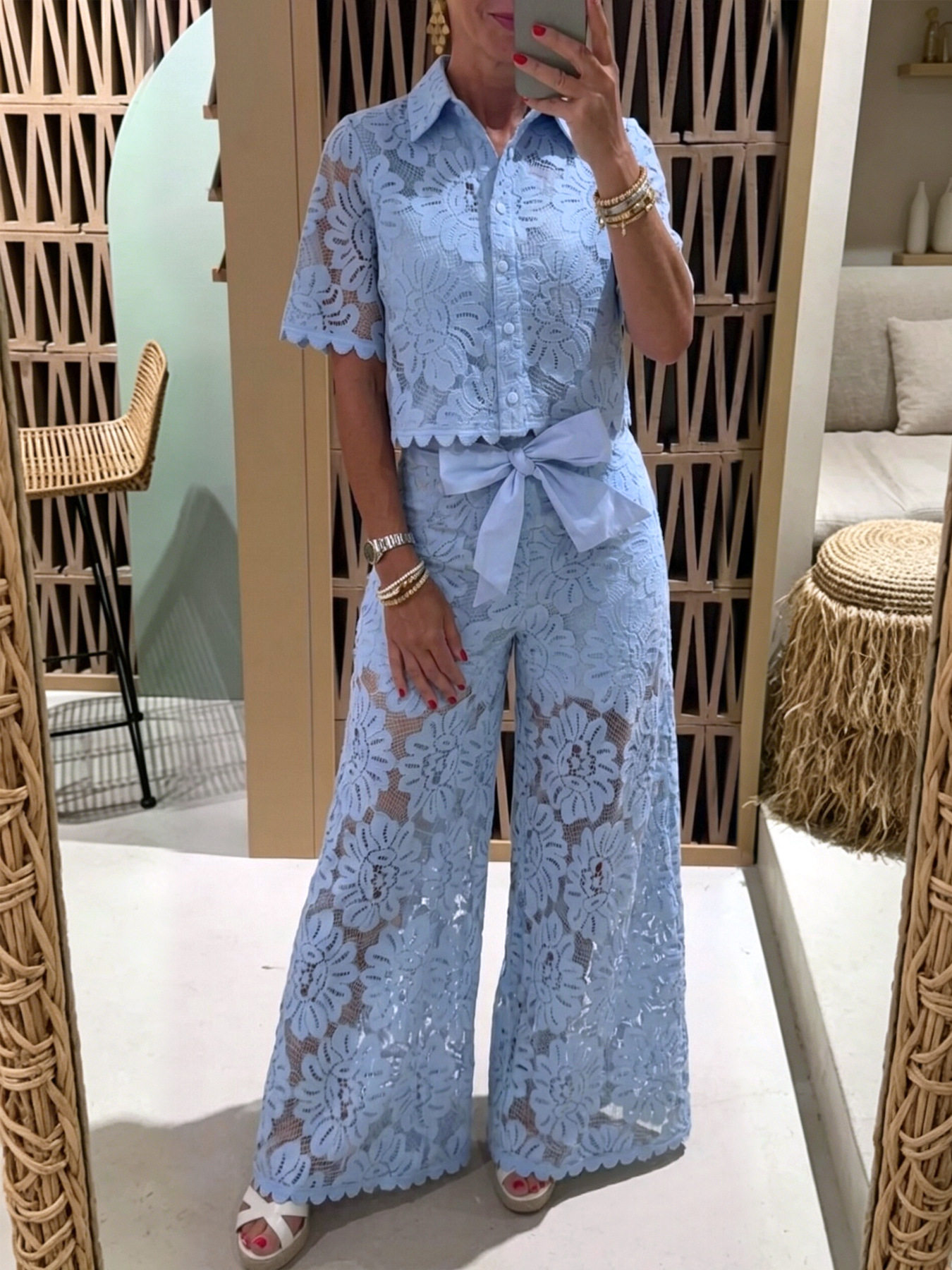 Lace Crochet Short Sleeve Top and High Waist Pants Set Elegant Design Solid Color Comfortable Fit Perfect for Casual