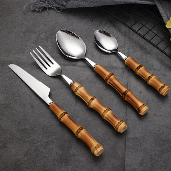 Bamboo Handle Tableware Western Steak Knife and Fork Cake Dessert Spoon Stainless Steel Knife and Fork Spoon Tableware Set Gift