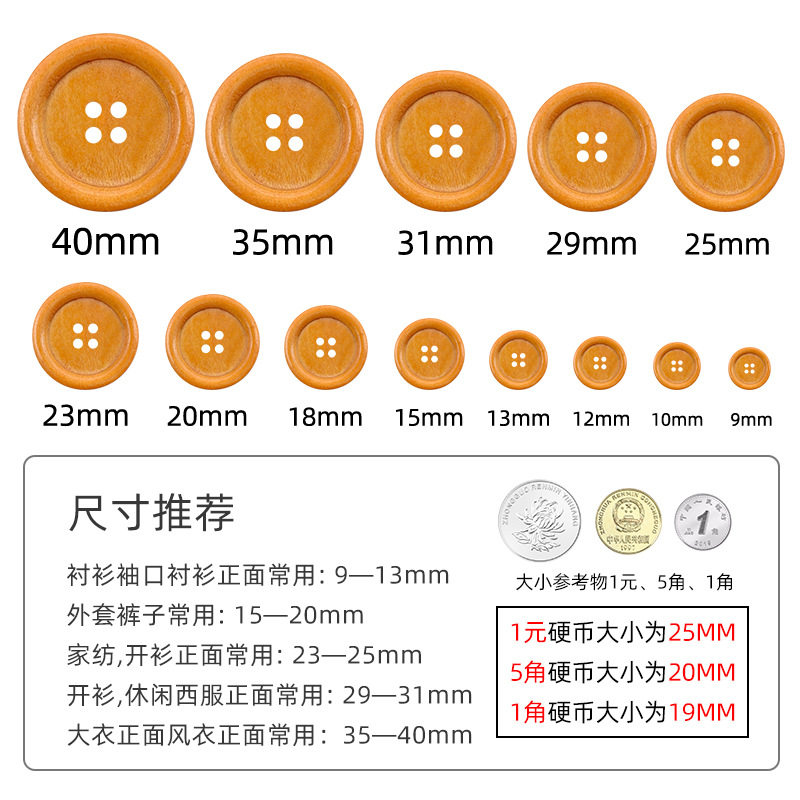 Wooden Buttons, Round Thin-Edged Four-Eye Clothing Accessories, Buttons, Decorative Accessories, Coats, Windbreakers, Jackets, Wooden Buttons