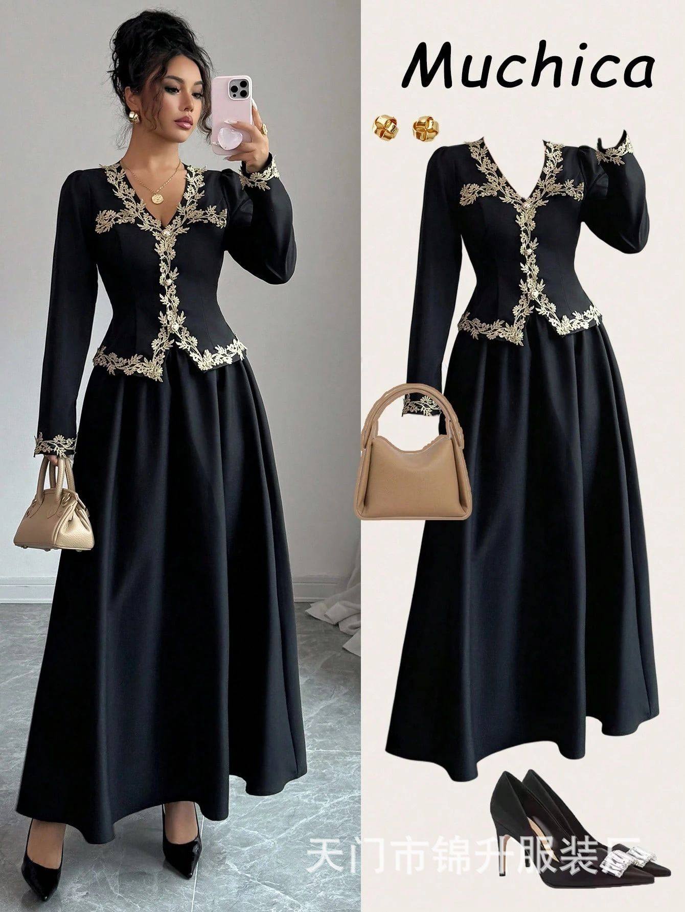Cross-Border Export Women's Elegant V Neck Embroidered Waist Slimming Look Two-Piece Skirt Suit