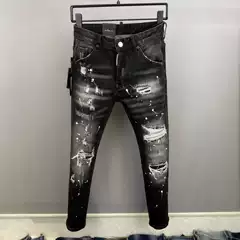 Spring and Summer 2025 New D2 Trendy Men's Washed Grinding Hole Patch Paint Slim-fit Feet Black Jeans Men's Fried Street