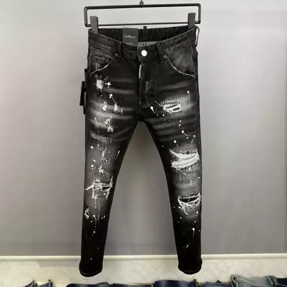 Spring and Summer 2025 New D2 Trendy Men's Washed Grinding Hole Patch Paint Slim-fit Feet Black Jeans Men's Fried Street