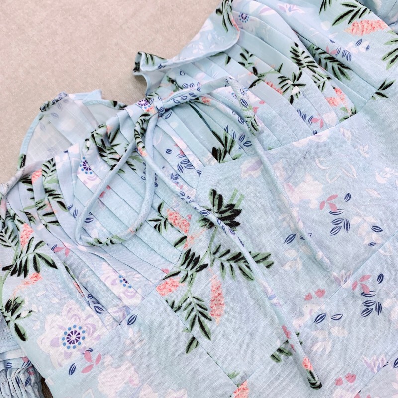 Đầm linen in hoa phong cách Pháp cổ vuông tay phồng dáng chữ A — Riviera của Nice
