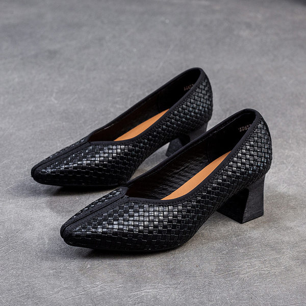 Giày Búp Bê Nữ Mũi Nhọn Dệt Phong Cách Retro Chiều Cao Đế Khoảng 4cm Màu Đen, Nâu