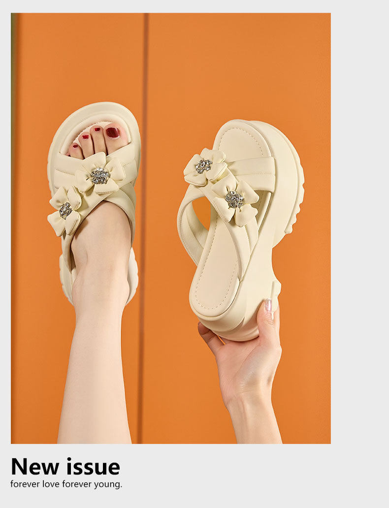 Dép sandal nữ quai chữ V nơ trang trí phong cách Pháp — Đen, Len nguyên chất chi tiết 12