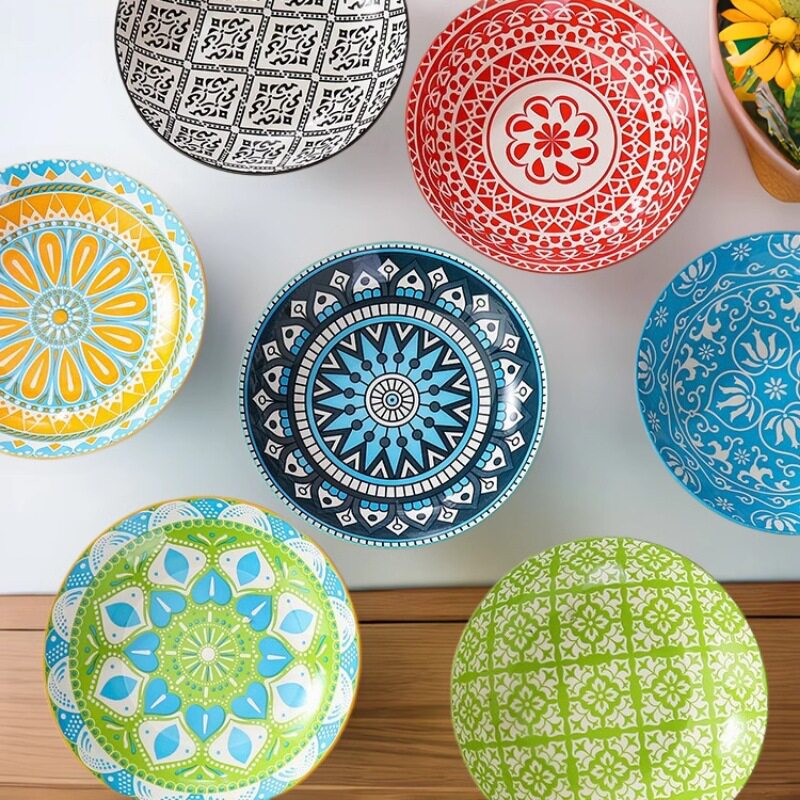 Bohemian Ceramic Deep Soup Plate Flat Plate Round Plate Pickle Plate Japanese Dish Plate Soup Plate Underglaze Color Machine Printing