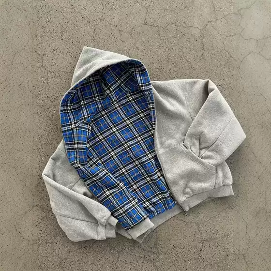 European and American Cross-Border Plaid Splicing Two-Wear Hoodie Y2K Retro Casual Plaid Sweatshirt Loose and Versatile Top Trendy