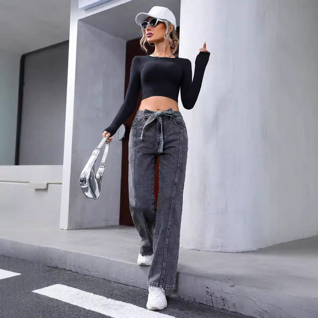 Casual High Waisted Irregular Denim Pants Slim Fit Lace Up Design Trendy Style Perfect for Everyday Wear Wholesale