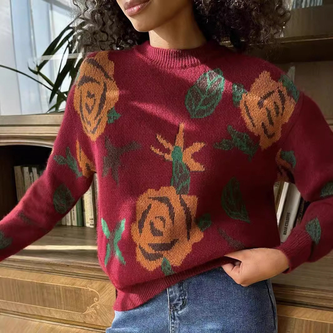 Womens Loose Fit Round Neck Sweater Soft Knit Floral Pattern Cozy Fabric Autumn Winter Fashion Wholesale Available