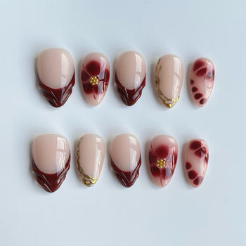 Cross-Border Hot-Selling Leopard Print Hot Girl French Fishtail Retro Wearable Nails Red-Brown Autumn and Winter Popular Three-Dimensional Diamond Nail Art Patches