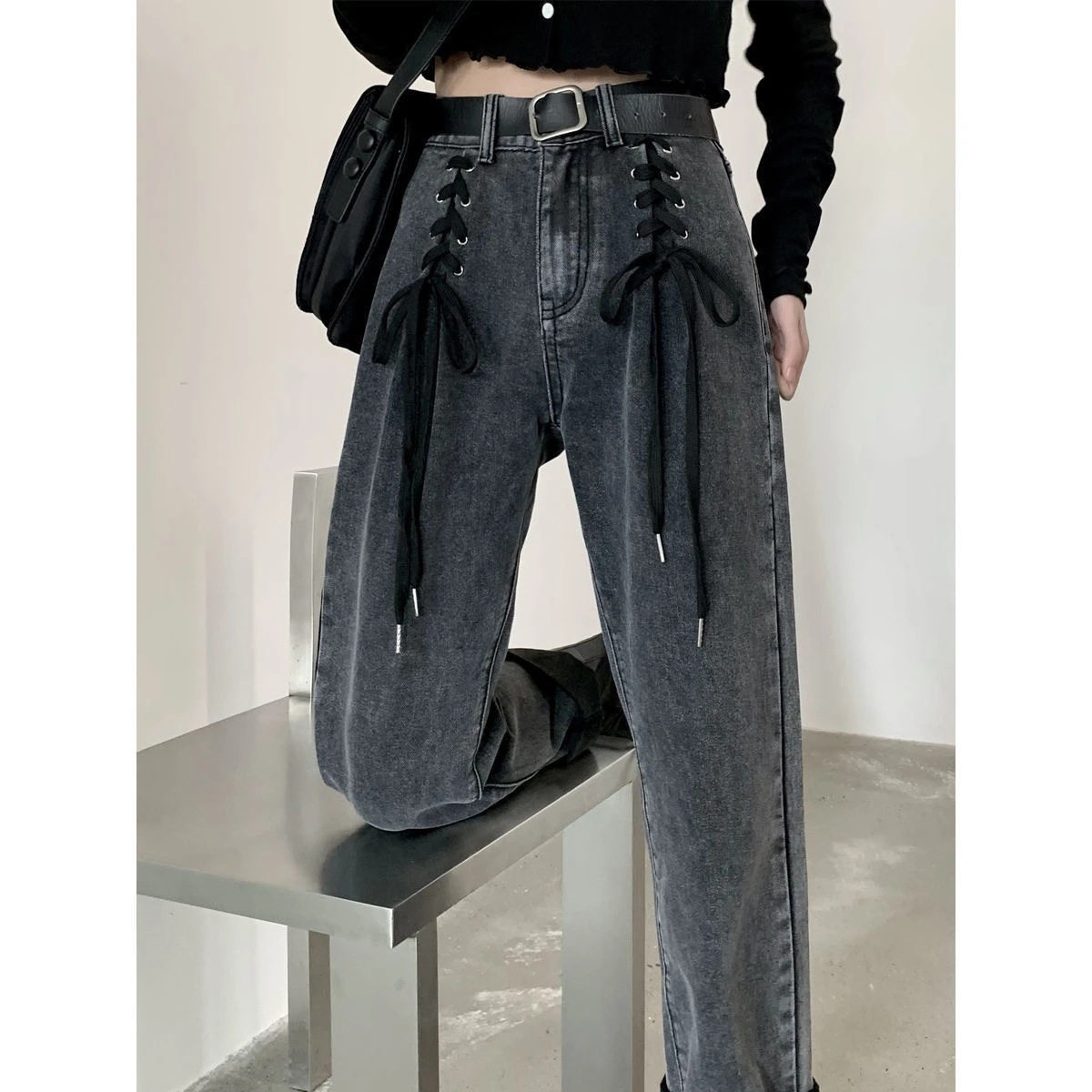 High Waisted Womens Denim Jeans Slim Fit Versatile Wide Leg Tie Detail Spring Style Wholesale Available