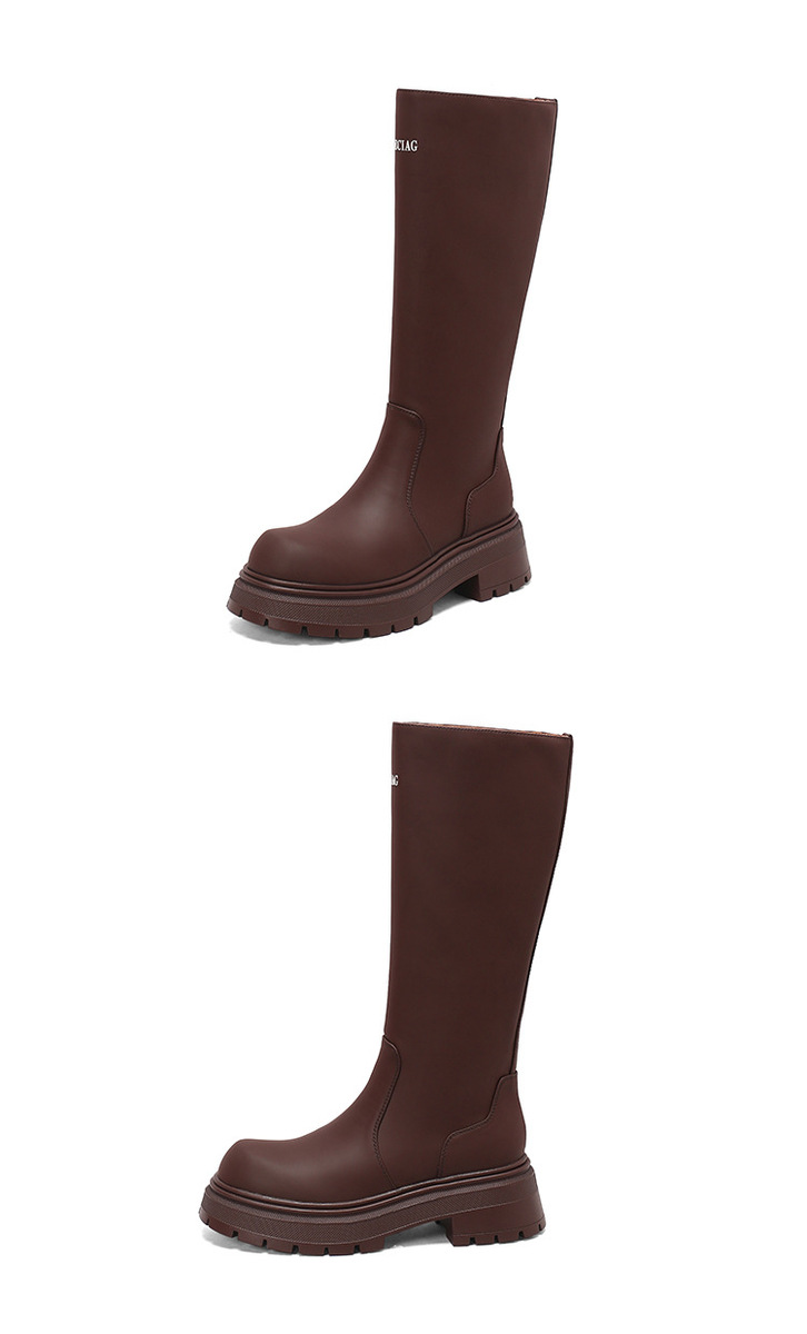 Boot nữ cổ cao ôm bắp chân da bò gót thô 6cm — Kaki nhạt lót nhung, Kaki nhạt lót nhung ống lớn, Kaki nhạt một lớp lót trong, Màu đen lót một lớp