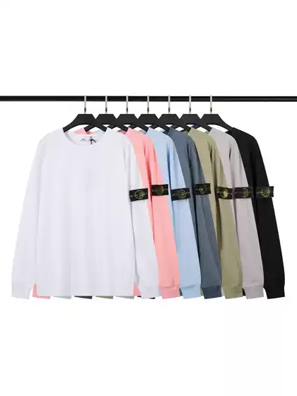 Cross-Border Ston Stone Long-Sleeved Compass Badge Pullover T-Shirt Casual Men's and Women's Round Neck T-Shirt Island Pure Cotton Trendy Brand Shirt