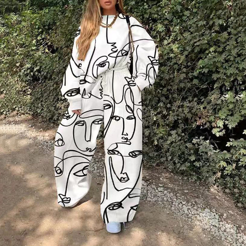 2025 European and American New Export Cross-Border Women's Casual Round Neck Loose Printed Basic Women's Sweatshirt Suit Autumn