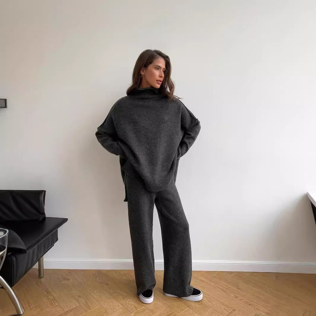 Womens Oversized Turtleneck Split Wool Sweater Set Cozy Knit Fabric Casual Style Perfect for Fall Winter Wholesale