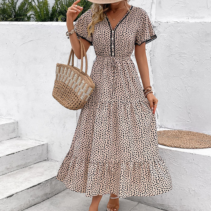 Summer Womens Dress Short Sleeve Leopard Print Mid Length Casual Wear for Parties or Daily Use OEM Available
