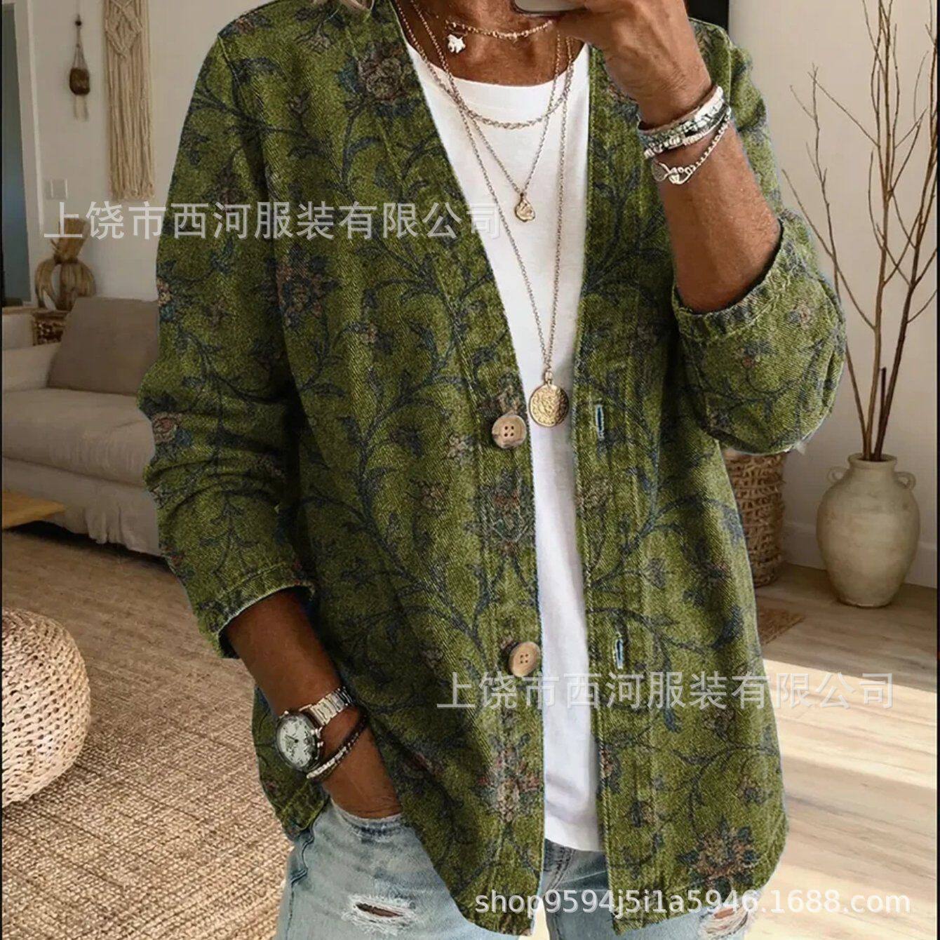 新款跨境独立站2026春季女装花卉印花V领休闲女装衬衫上衣复古