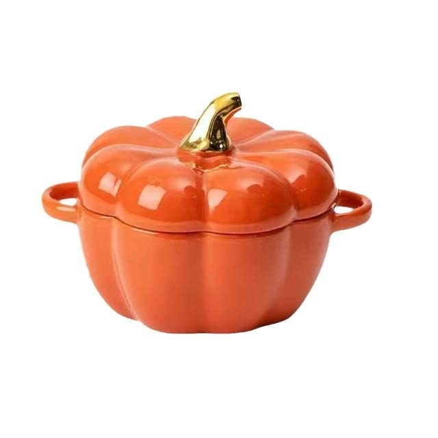Creative binaural pumpkin ceramic bowl with lid household stew bowl kitchen children's soup bowl steamed egg salad dessert baking bowl