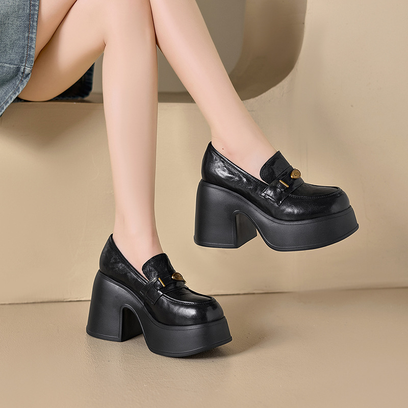Giày lười nữ đế dày tăng chiều cao, mũi tròn da cừu, gót thô 10cm — màu đen, Màu nâu