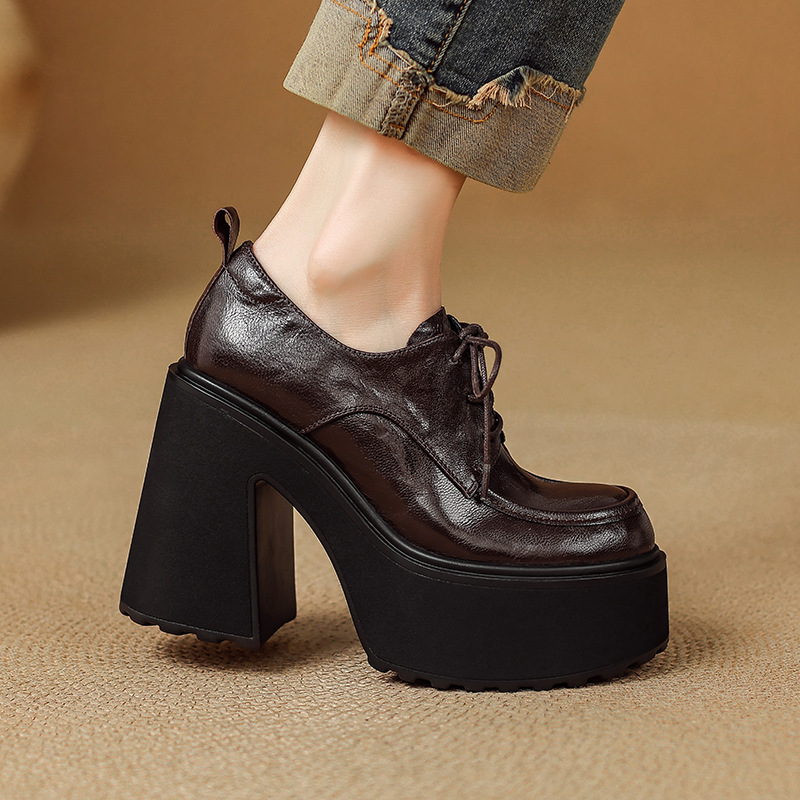 Giày lười nữ da cừu thắt dây gót cao 12cm đế xuồng — màu đen, màu nâu