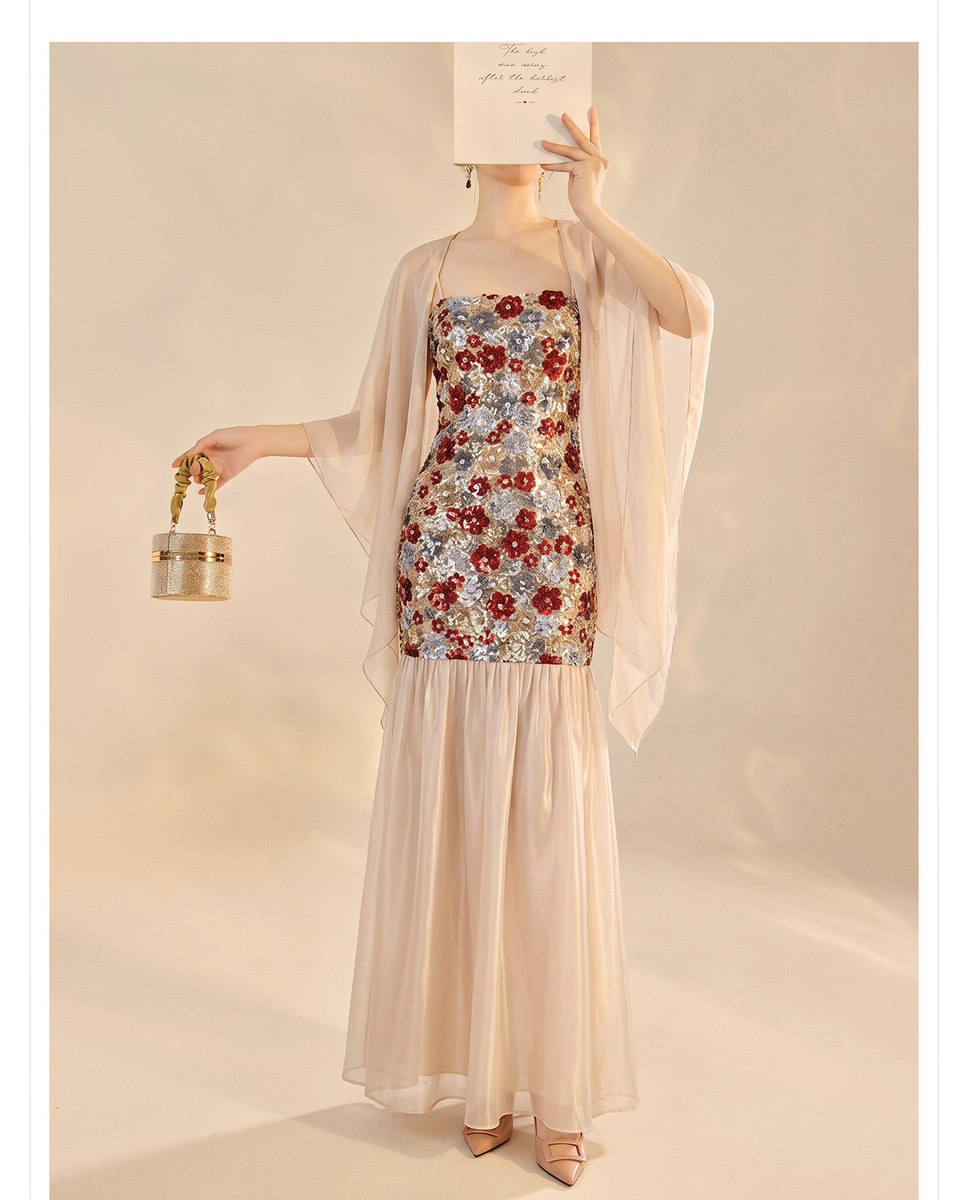 Bộ đầm hai dây thêu hoa kèm khăn choàng cardigan dáng dài — Khăn choàng màu be (giao hàng trong 7 ngày), Váy hai dây (giao hàng trong 7 ngày), Váy hai dây (giao hàng trong ngày), Bộ sản phẩm (giao hàng trong 7 ngày)