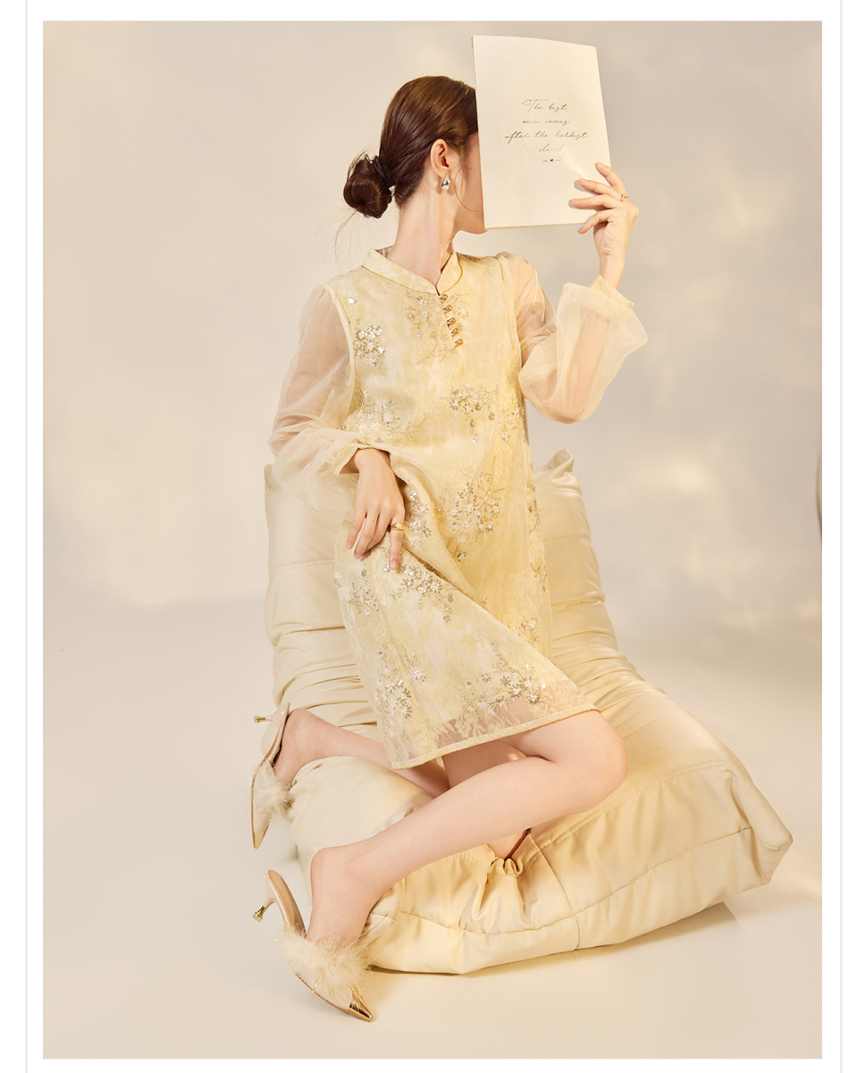 Đầm nữ cổ đứng thêu hoa dáng chữ A dài tay phong cách nghệ thuật — Vàng Champagne (giao hàng trong 7 ngày), Vàng Champagne (giao hàng trong ngày)