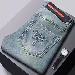 2025 New Classy Men's Jeans Spring and Summer Elastic Slim Straight Brand European Embossed Trendy Pants