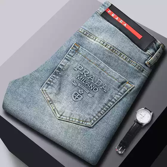 2025 New Classy Men's Jeans Spring and Summer Elastic Slim Straight Brand European Embossed Trendy Pants