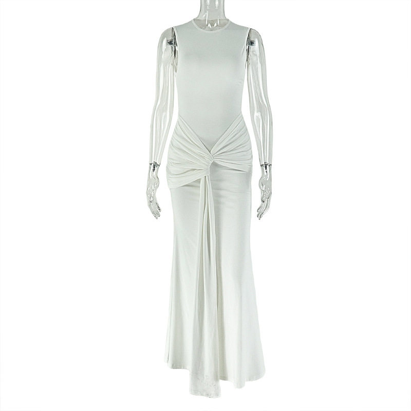 Elegant Ruched Bodycon Dress with Round Neck and Tie Detail Solid Color Slim Fit Long Sleeve Perfect for Parties and