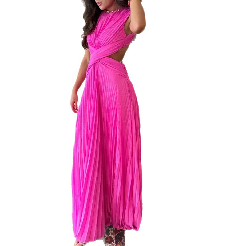Summer Womens Dress Sexy Sleeveless Round Neck Crossed Pleats Backless Slim Fit Casual or Evening Wear