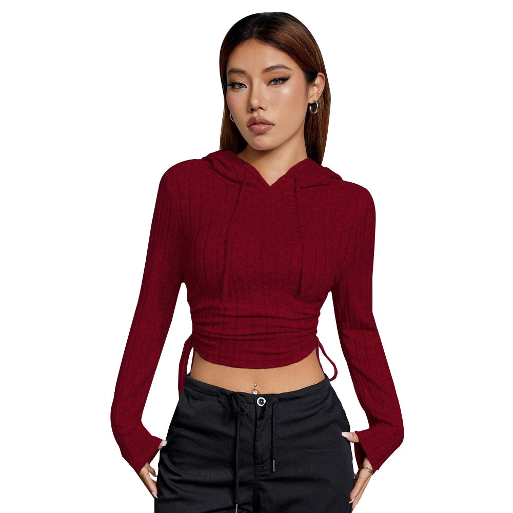 Womens Slim Fit Hooded T Shirt Burgundy Color Casual Style Autumn Winter Wear Wholesale Available
