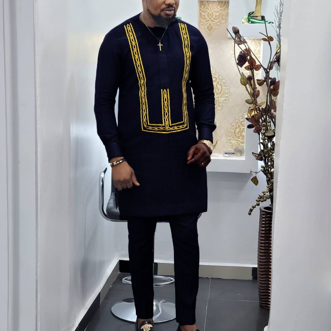 传统外贸非洲风格男士结婚新西装2件套圆领长袖上衣加裤子外贸