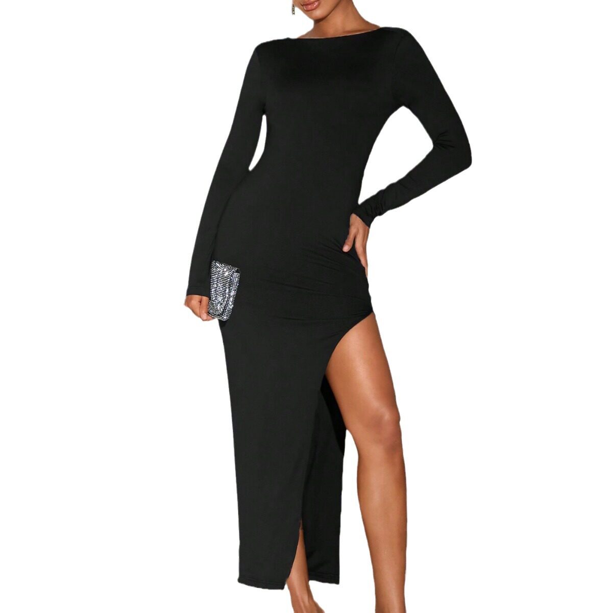 Elegant Midi Dress Sexy Backless Design Round Neck Long Sleeve Autumn Winter Fashion Wholesale Available
