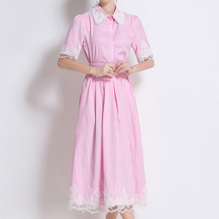 Lace Panel Short Sleeve Striped OL Shirt Set A Line Pleated Midi Skirt Summer Office Wear Wholesale Available