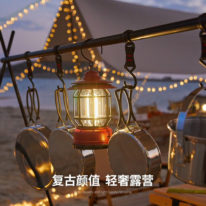 Outdoor Camping Lamp Ambiance Light Ultra-Long Battery Life Camping Tent Retro Lighting Lantern Rechargeable Hanging Portable Lamp