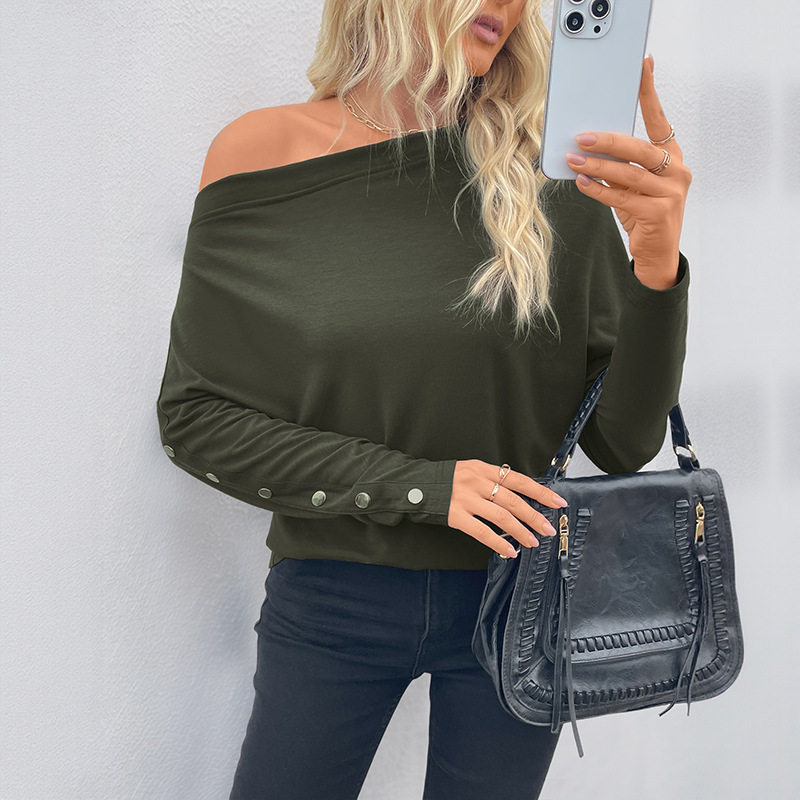 Casual Long Sleeve T Shirt Asymmetrical Neckline Solid Color Lightweight Fabric Spring Fall Wear Wholesale Available