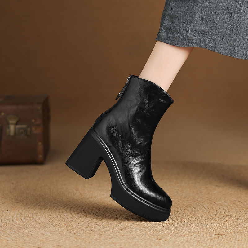 Boot nữ da bò gót thô 9,5cm cổ ngắn khóa kéo sau — Lớp lót đơn màu đen, Lớp lót đơn màu nâu đậm, Lót nhung đen, Lót nhung màu nâu đậm