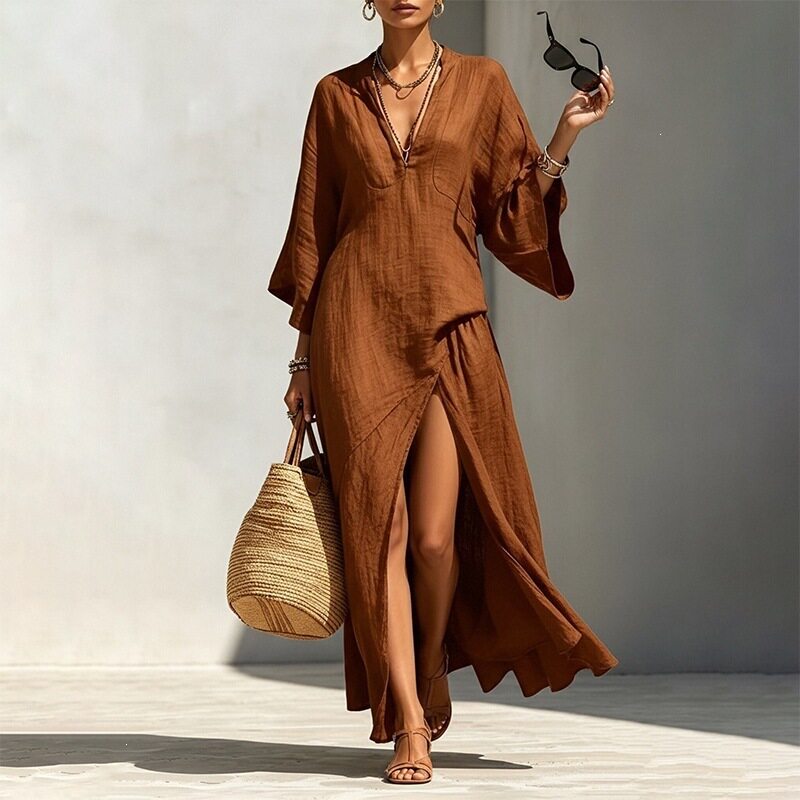 Casual Batwing Sleeve Maxi Dress Loose Fit Side Slit Lightweight Fabric Summer Vacation Wear Wholesale Available
