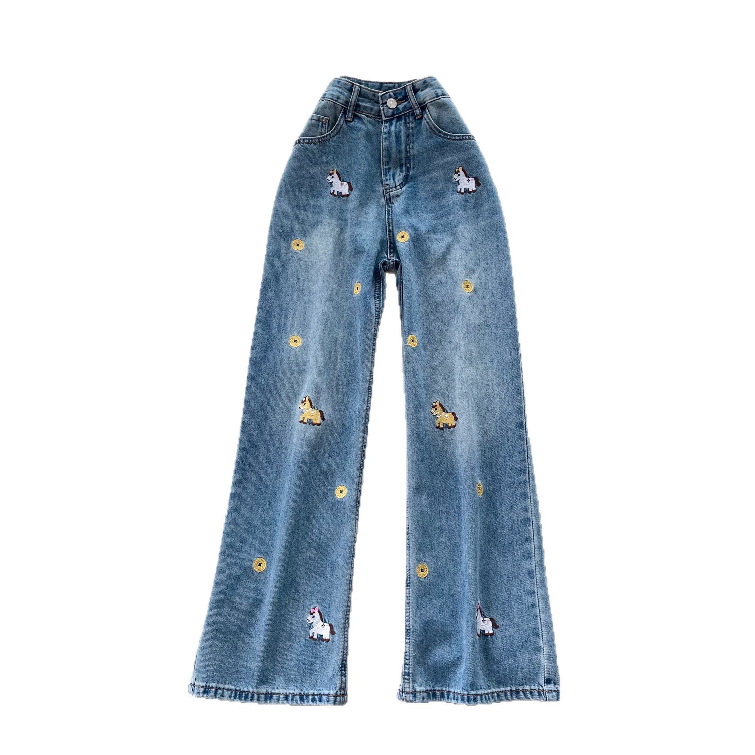 High Waisted Cartoon Embroidered Wide Leg Jeans for Women Summer Casual Loose Fit Blue Available in Small Sizes