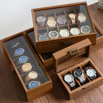 Manufacturer's Ready-Made Wholesale Multi-Position Window Glass Watch Box Packaging Box Walnut Wood Grain Watch Jewelry Display Box