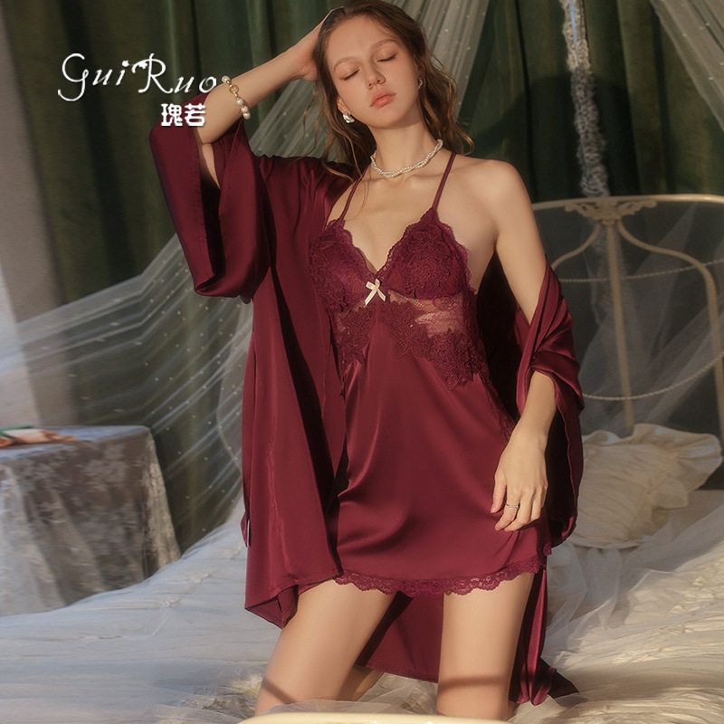 瑰若品牌秋季缎面胸垫吊带睡裙女性感深v系带睡袍家居服套装1170