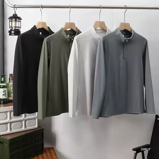 25 Autumn New 7A Men's Stretch Breathable Outdoor Sports Casual Half Zipper Quick Drying Long Sleeve T-Shirt