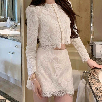 French New Lace Round Neck Long-Sleeved Top Slim Skirt Two-Piece Set for Women 2025 Autum New Suit
