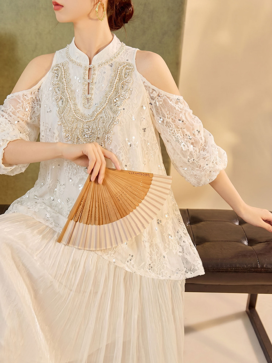 Đầm maxi nữ vai trần tay bồng thêu đính cườm dáng suông — Trắng cực quang, Xanh tuyết núi